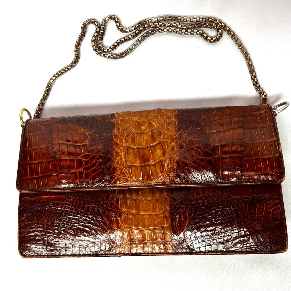 Vintage Alligator Croc Embossed Leather Clutch Purse Removable Chain Strap Brown